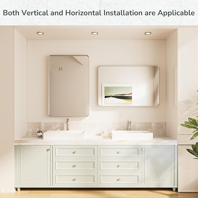 TokeShimi 24x36 Brushed Nickel Bathroom Wall Mirror Vanity Metal Frame Round Corner Rectangular for Home Decor Living Room Entryway (Horizontal/Vertical)