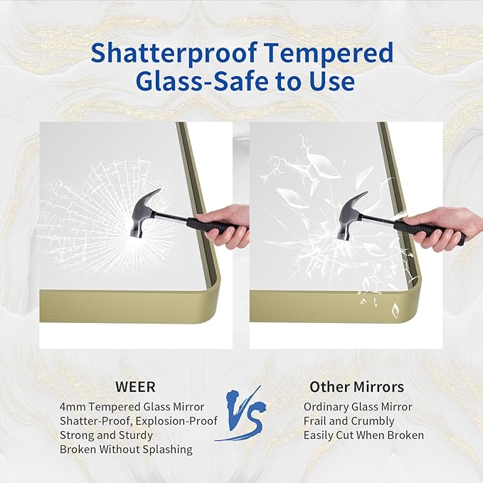 WEER Gold Bathroom Mirror, 48X32 Inch Brushed Gold Metal Frame Mirror, Rounded Rectangle Gold Bathroom Vanity Mirror for Wall, Tempered Glass, Anti-Rust, Hangs Horizontally or Vertically