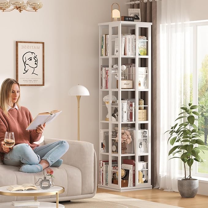Aheaplus Rotating Bookshelf, Corner Bookcase, 360 Display Wood Spinning Bookshelves, Floor Standing Bookcases Narrow Shelf, 5 Tiers, White