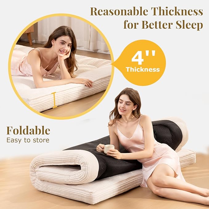 Japanese Floor Mattress, 4" Thicken Futon Mattress Queen Size Sleeping Pad, Corduroy Foldable Floor Pad, Roll Up Tatami Mat for Adults Guest Room Bedroom, Beige