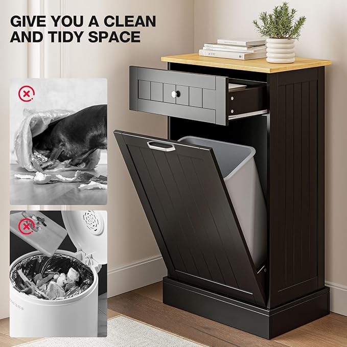 GAZHOME 10 Gallon Tilt Out Trash Cabinet, Upgrade Wooden Free Standing Recyclin Trash Cabinet with Hideaway Drawer(Black)