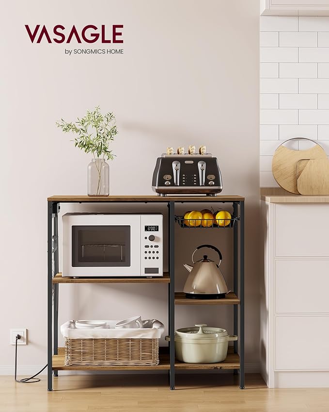 VASAGLE Baker's Rack, Coffee Bar Stand with Charging Station, Storage Shelves, Pull-Out Wire Basket, Table for Microwave, Kitchen, Rustic Walnut UKKS036K41, 15.7 x 35.4 x 35.6 Inches