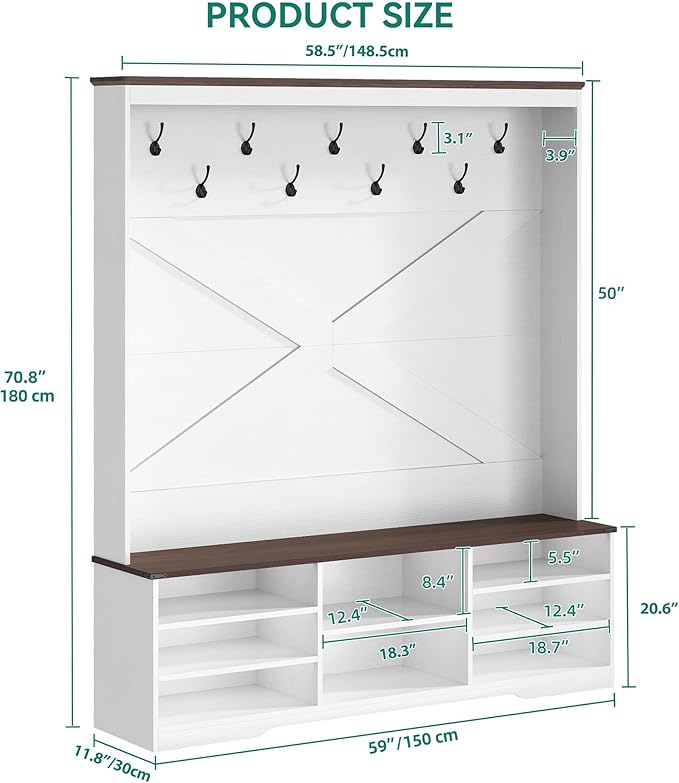 YITAHOME Hall Tree with Bench and Shoe Storage, Mudroom Storage Modern Shoe Cabinet with Bench & 9 Double Prong Hooks, for Entryway & Living Room, Walnut & Off-White