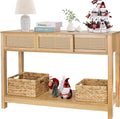 ZYBT Long Console Table, Console Tables for Entryway, Modern Narrow Wood Rattan Entryway Couch Hallway Boho Sofa Table with Storage Drawers for Living Room