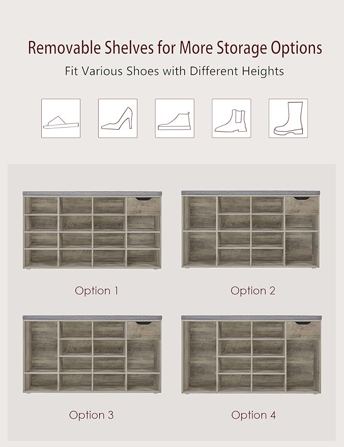 DINZI LVJ Shoe Bench, Entryway Storage Bench with Drawer and 15 Cubbies, Cubby Shoe Rack with Adjustable Shelves, Shoe Organizer Cabinet for Living Room, Bedroom, Mudroom and Garage, Gray Wash