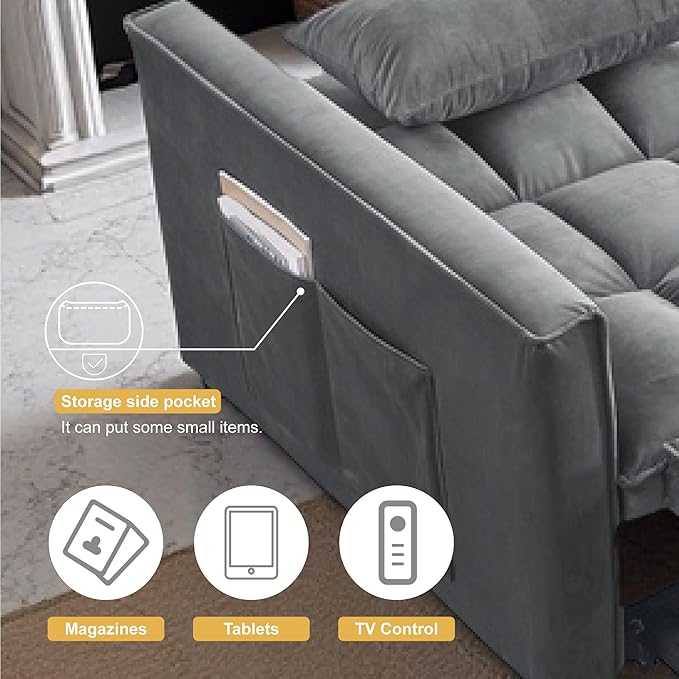3 in1 Sofa Bed, Pull-Out Sleeper Sofa Bed with 3-Level Adjustable Backrest, Velvet Fabric Convertible Love Seat Sleepers Beds for Living Room & Bedroom & Apartment, Grey