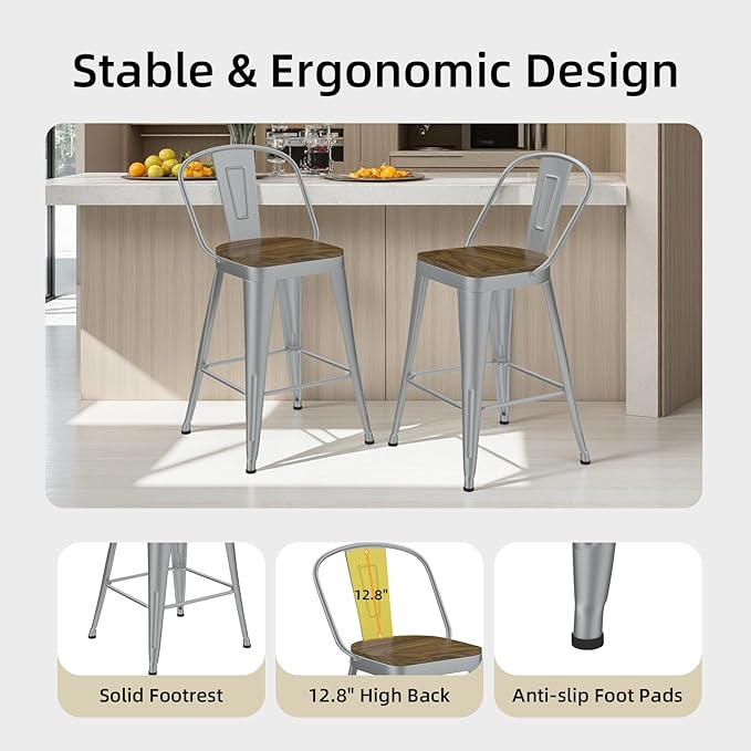 Metal Bar Stools Set of 4, High Back Bar Stools with Wooden Seat, 30 inch Silver Barstools for Kitchen Island