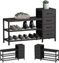EXOTICA 3 Tier Entryway Bench Shoe Storage Bench with 4 Fabric Drawers Metal Frame and Wooden Board Shoe Rack Bench with Seat for Entryway Hallway Front Door Doorway