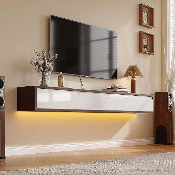 Floating TV Stand High Gloss,47'' Wall-Mounted TV Cabinet,Floating TV Console,Under TV Shelf with 3 Doors for Living Room Bedroom(Walnut+White)