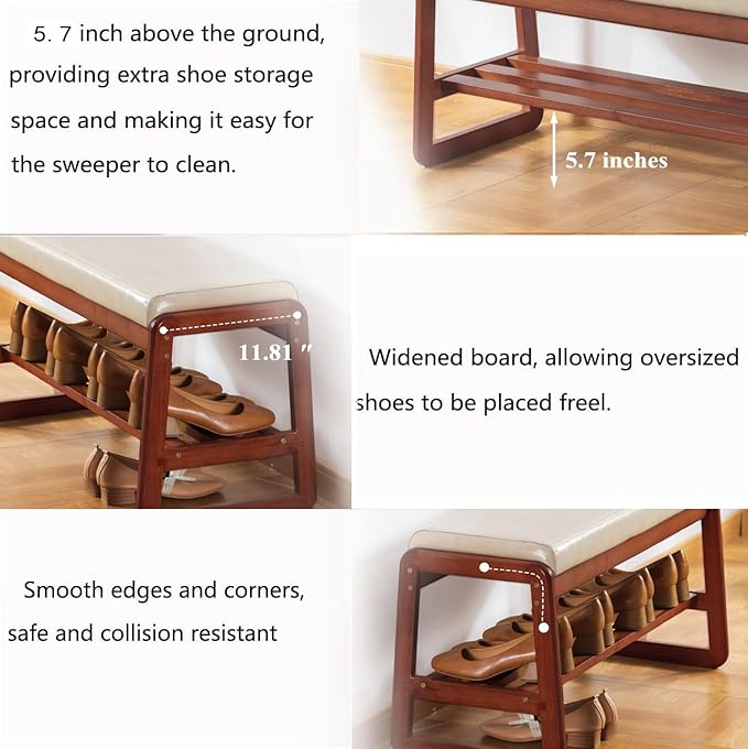 Solid Wood Shoe Bench, 2-Tier Wooden Entryway Bench, Modern Shoe Rack with Faux Leather Cushion for Hallway, Living Room (Gray, 21.65'')