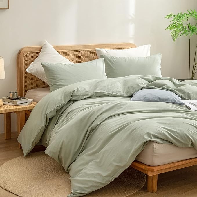 BESTOUCH Duvet Cover Set 100% Washed Cotton Linen Feel Super Soft Comfortable Chic Lightweight 3 PCs Home Bedding Set Solid Sage Green Super King Plus