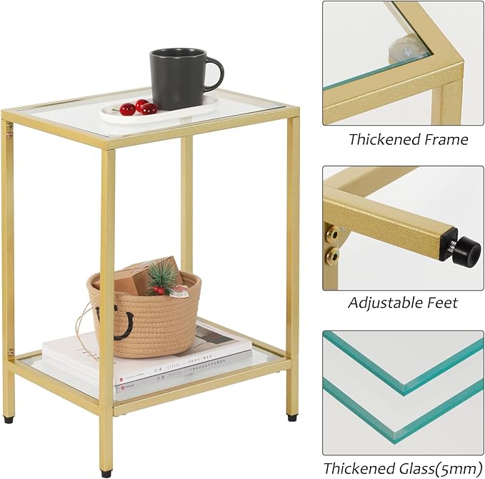 Modern 2-Tier Tempered Glass End Table - Stylish Black Metal Side Table for Small Spaces, Perfect for Living Room & Bedroom (Gold, 2PCS)