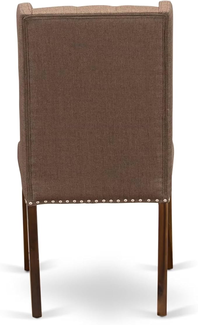 NKFO9-AWA-18-9-Piece Kitchen Set Consists of a Dinner Table and 8 Brown Linen Fabric Kitchen Chairs with Button Tufted Chair Back - Antique Walnut Finish.