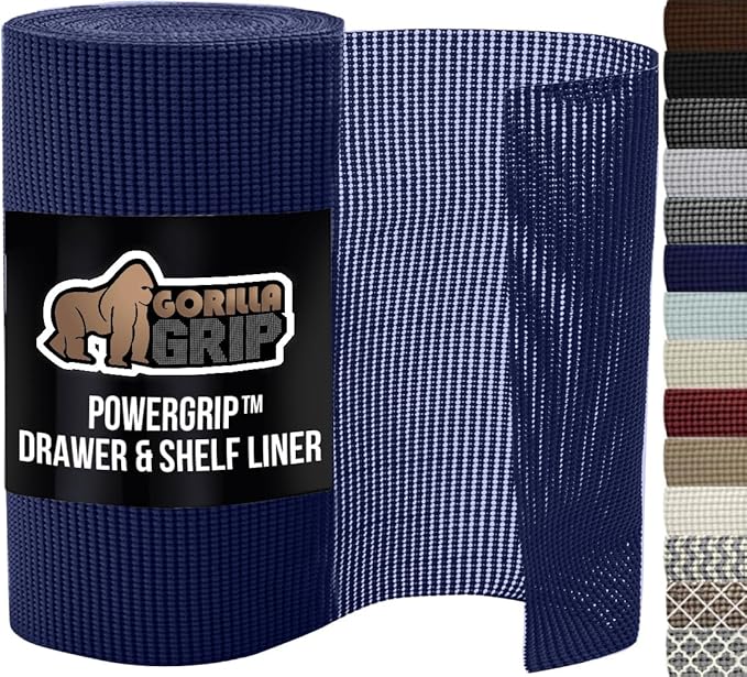 GORILLA GRIP powerGRIP Drawer Shelf and Cabinet Liner, Thick Strong Hold, Non-Adhesive Liners Protect Kitchen Cabinets and Cupboard, Bathroom Drawers, Easy Install, Breathable Mat, 12" x20', Navy Blue