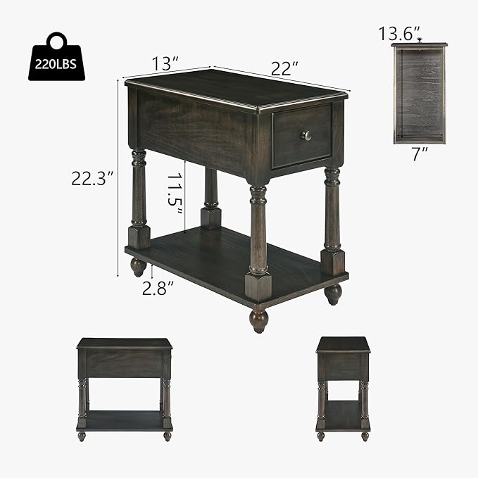 LEEMTORIG Solid Wood End Table Narrow Side Table with Drawer, Cherry Wood End Table Living Room, 13" W Slim Bedside Table Small Nightstand, 22" D x 22.7" H, No-Tools Assembly, Rustic Black BBJ-004-BK