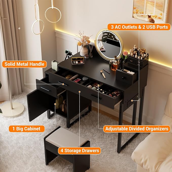 Vanity Desk with 4 Storage Drawers - Modern Makeup Vanity Table with Charging Station, Black Vanity Desk with Reversible Cabinet Dressing Table Set with Divided Organizers for Women Girls, Black