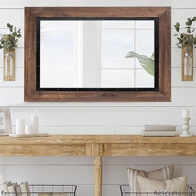 YOSHOOT Rustic Wooden Framed Wall Mirror, Natural Wood and Iron Bathroom Vanity Mirror for Farmhouse Decor, Vertical or Horizontal Hanging, 60" x 30", Brown
