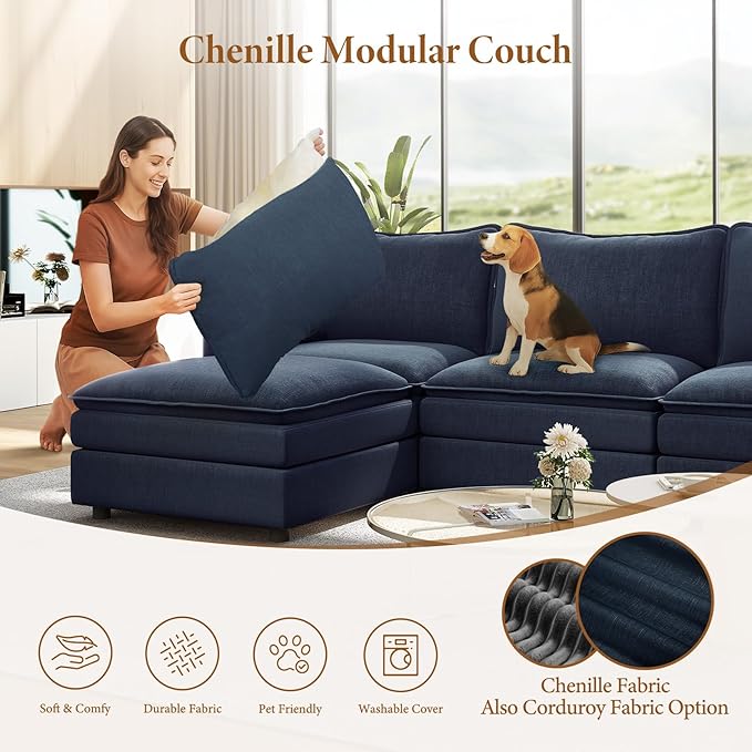 Vesgantti 142" Cloud Couch Sectional Modular Sofa, Comfy Sectional Couch with Ottoman Deep Seat Chenille L Shaped Sofa, Modular Couches for Living Room, Bedroom and Apartment, Blue