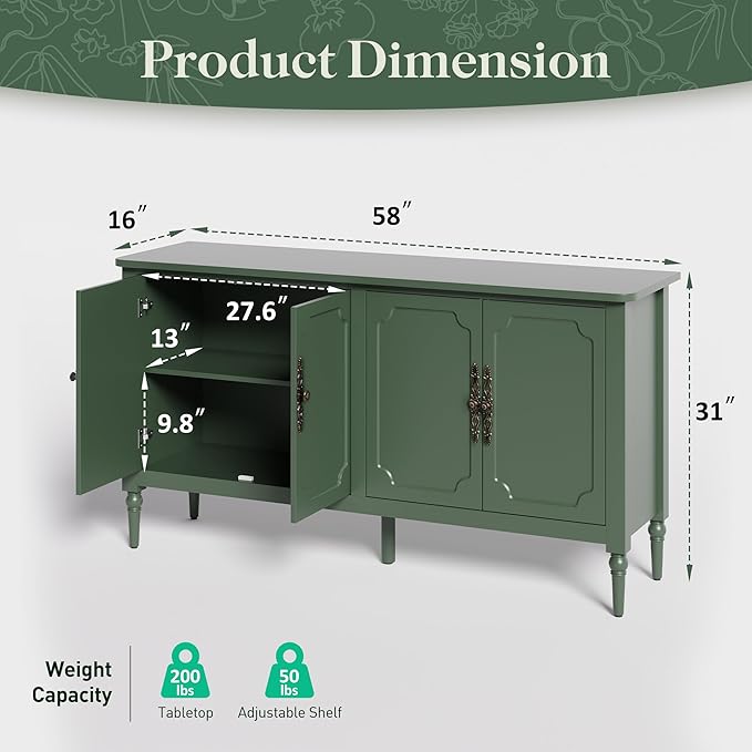 Large Sideboard Buffet Cabinet with Storage: 58'' Modern Credenza Buffet Table Coffee Bar Wine Bar Storage Sideboard with 4 Doors for Dining Room Living Room (Forest Green)