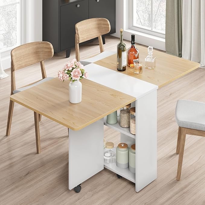 IDEALHOUSE Folding Dining Table, Drop Leaf Table with 6 Wheels and 2-Layer Storage Shelf, Space Saving Dining Table for Small Spaces (Natural Wood, 47.2" D x 23.6" W x 29.5" H)