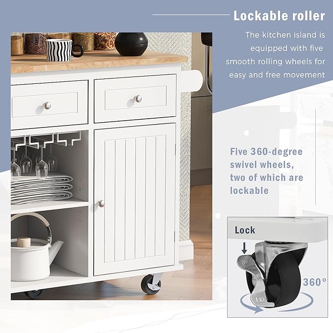 Merax Rubber Wood Kitchen Island with Adjustable Storage, Rolling Kitchen Storage Cart with Drop Leaf, Open Storage, Wine Rack, 5 Wheels for Home, Kitchen, Dining Room, White