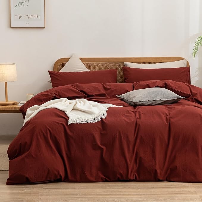 BESTOUCH Duvet Cover Set 100% Washed Cotton Linen Feel Super Soft Comfortable Chic Lightweight 2 PCs Home Bedding Set Solid Fired Brick Red Twin/Twin XL
