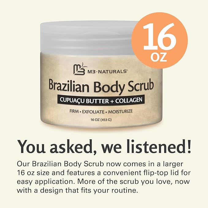 Firming & Moisturizing Brazilian Body Scrub for Body, Hands & Feet, Gentle Body Exfoliator with Cupuacu Butter, Jojoba Oil & Collagen, 16 oz (453 g) by M3