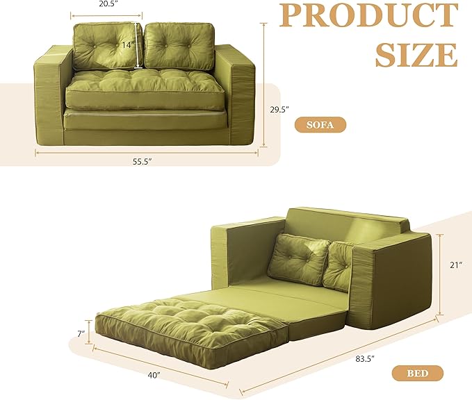 YOSHOOT Loveseat Sleeper Sofa,55" Convertible Sofa Bed Couch Futon Couches for Living Room,3-in-1 Pull Out Floor Couch with Backrest and Pillows, Green