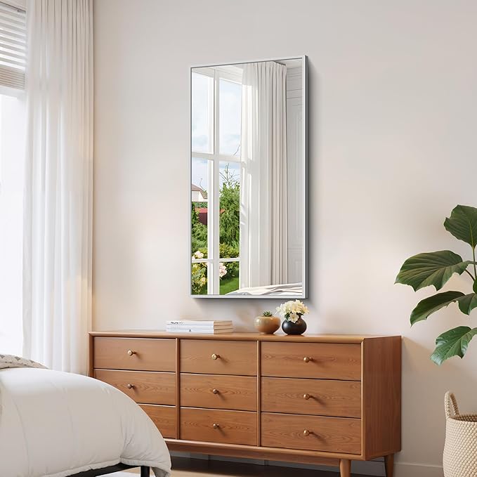 YIROMAN Bathroom Mirror 48"x24", Large Brushed Silver Bathroom Mirror for Over Sink with Aluminum Frame, Rectangular Vanity Mirror with Right Angle, Wall Mirror Hangs Horizontal or Vertical