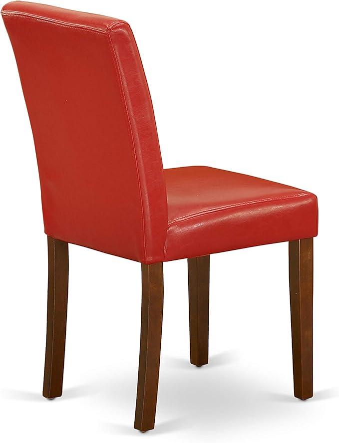East West Furniture ANAB3-MAH-72 3 Piece Dinette Set for Small Spaces Contains a Round Kitchen Table with Pedestal and 2 Firebrick Red Faux Leather Parsons Chairs, 36x36 Inch, Mahogany