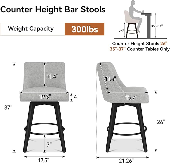 Counter Height Bar Stools Set of 4, Modern Swivel Barstools with Back and Wood Legs, Linen Fabric Upholstered Bar Chairs, 26" H Kitchen Counter Stools, Kitchen Island Home Bar, Light Grey