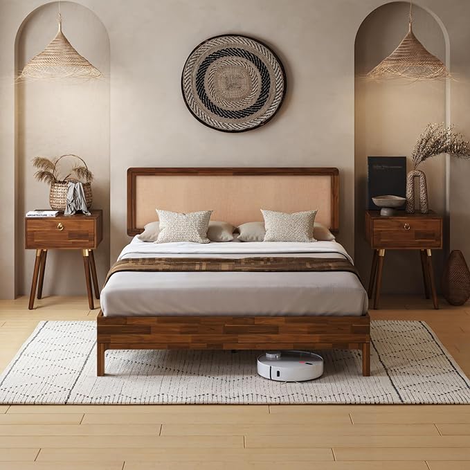 Nipe Platform Bed Frame with Headboard Size Queen - Dark Chocolate - Solid Acacia