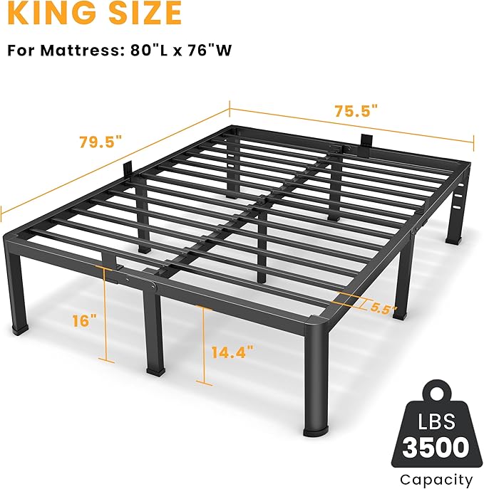 16 Inch King Size Metal Platform Bed Frame with Round Corners, Storage Space Under High Bed Frame-Heavy Duty Steel Slats Support, Noise Free - Easy Assembly - No Box Spring Needed