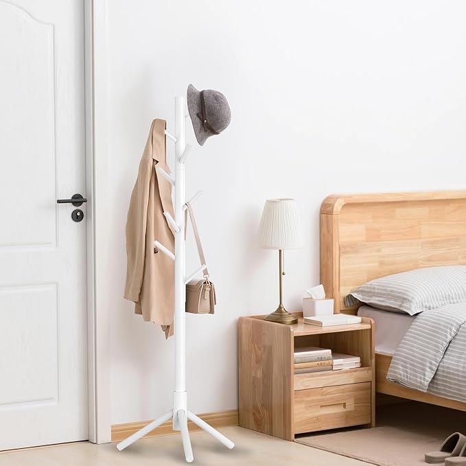 Wooden Coat Rack Stand, Freestanding Coat Rack with 8 Hooks, 3 Adjustable Size Coat Tree for Hats, Coats, Scarves bags, Coat Hanger Stand Used in Bedroom/Office/Entryway （White）