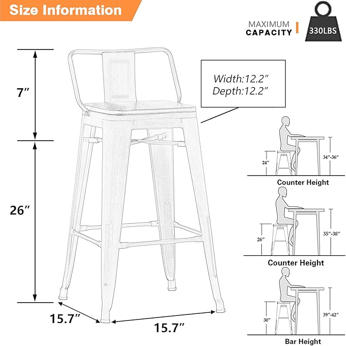 Yongchuang 26 inch Bar Stools Set of 4 Kitchen Counter Height Barstools with Wood Seat Metal Low Back Bar Chairs Matte Black