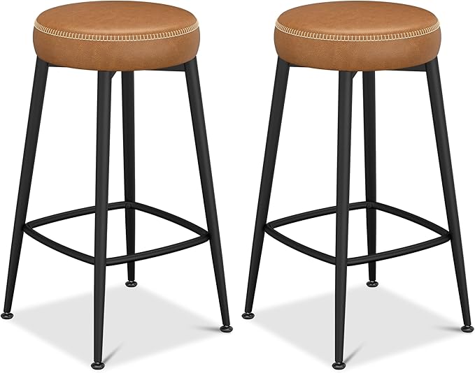 Counter Height Bar Stools, 26" H Backless Bar Stools Set of 4, Upholstered Faux Leather Kitchen Counter Stools, Mid Century Modern, Kitchen Island Home Bar, Pub, Caramel Brown