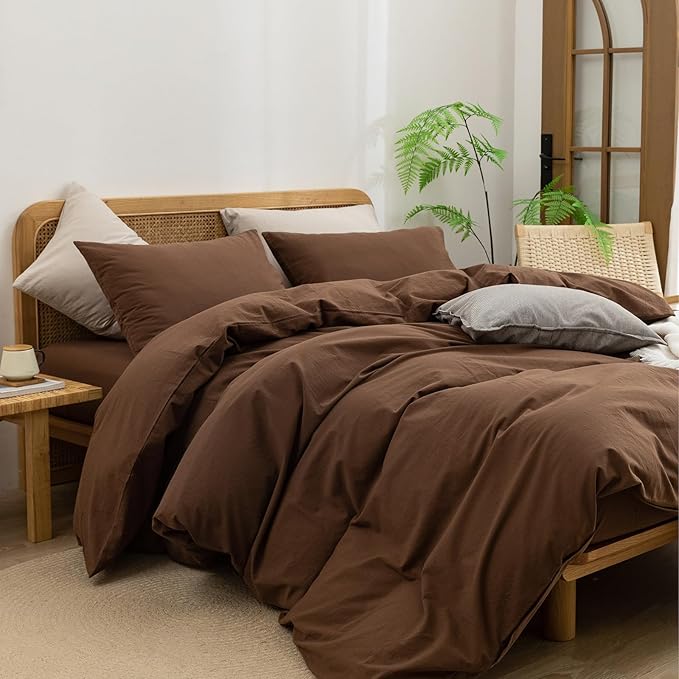 BESTOUCH Duvet Cover Set 100% Washed Cotton Linen Feel Super Soft Comfortable Chic Lightweight 3 PCs Home Bedding Set Solid Cocoa Brown Queen