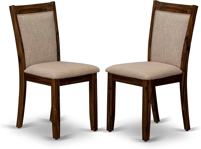I7MZ7-50N-04 7-Pc Dining Set consists of a Pedestal Dining Table and 6 Light Tan Polyester Fabric Dining Chairs with Padded Back - Antique Walnut Finish