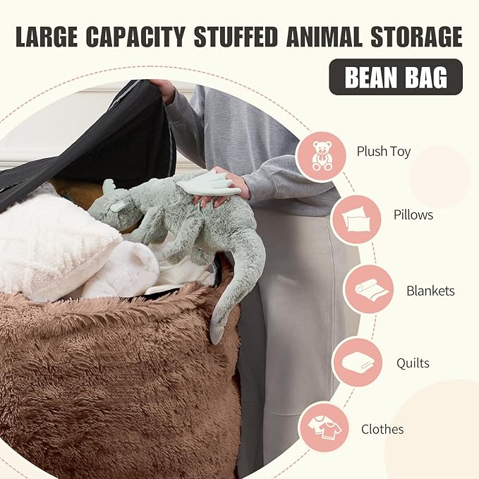 Stuffed Animal Storage Bean Bag Chair Cover (No Filler) Washable Ultra Soft Bean Bag Cover for Organizing Plush Toys or Textile, Sack BeanBag Covers for Adults, Teens, 6FT, Khaki
