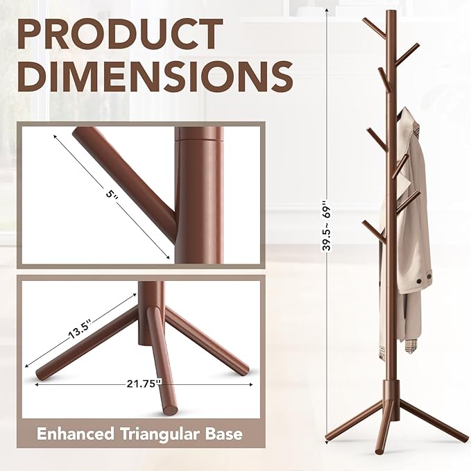 Wooden Tree Coat Rack Stand,Sturdy Freestanding Coat Rack with 8 Hooks,3 Adjustable Height for Child Adult,Wood Coat Stand Tree Fits Entryway Bedroom Office for Bags,Hats, 2 Pack