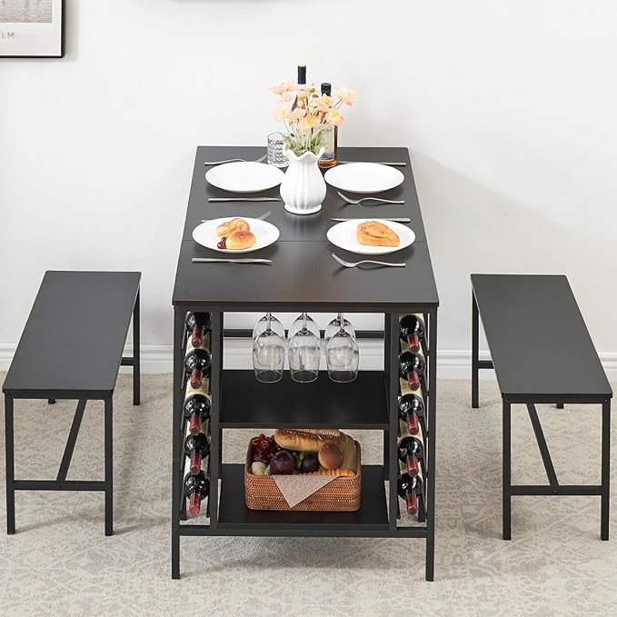 IDEALHOUSE Dining Table Set for 4, Kitchen Table Set for 4 with 2 Benches, Rectangular Dining Room Table Set with Wine Rack, 3 Piece Dining Table Set for Small Space Apartment, Black