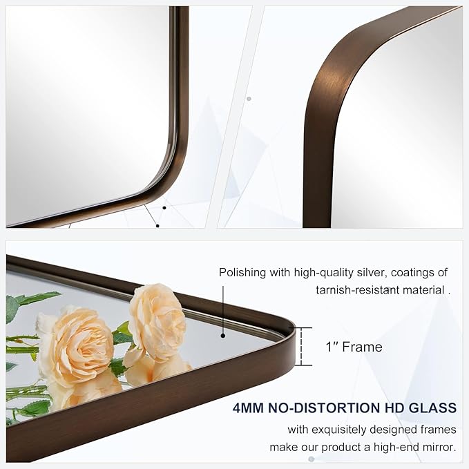 ANDY STAR Bronze Mirror for Wall, 30x36” Rounded Rectangle Bathroom Mirror, Modern Stainless Steel Metal Frame for Vanity