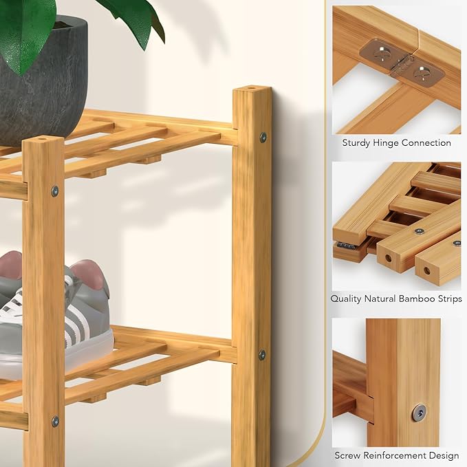 Haddockway Long 2 Tier Bamboo Shoe Rack Storage Organizer,Multifunctional Free Standing Stackable Shoe Shelf with Grid Panel for Closet,Hallway,Entryway,Small Space 34.2"x11"x13"(Natural, 2-Tier Long)