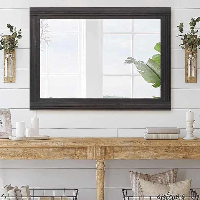 YOSHOOT Hand-Made Wooden Spliced Wall Mirror for Bathroom, Rustic Farmhouse Vanity Mirror, Décor Wall Art, Solid Wood Frame, Vertical or Horizontal Hanging, 60" x 30", Black