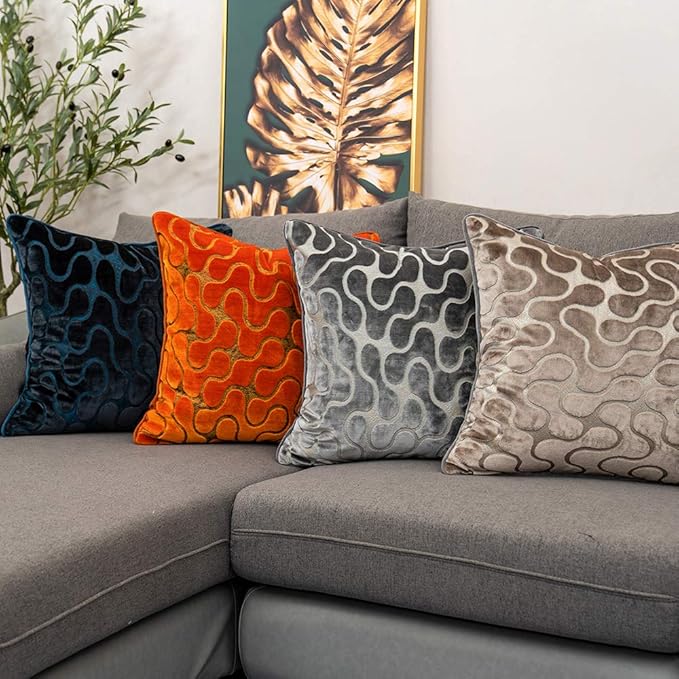 Yangest Orange Square Throw Pillow Cover Wavy Velvet Cushion Cover Modern Zippered Pillowcase for Sofa Couch Bedroom Living Room Chair, 18 x 18 Inch