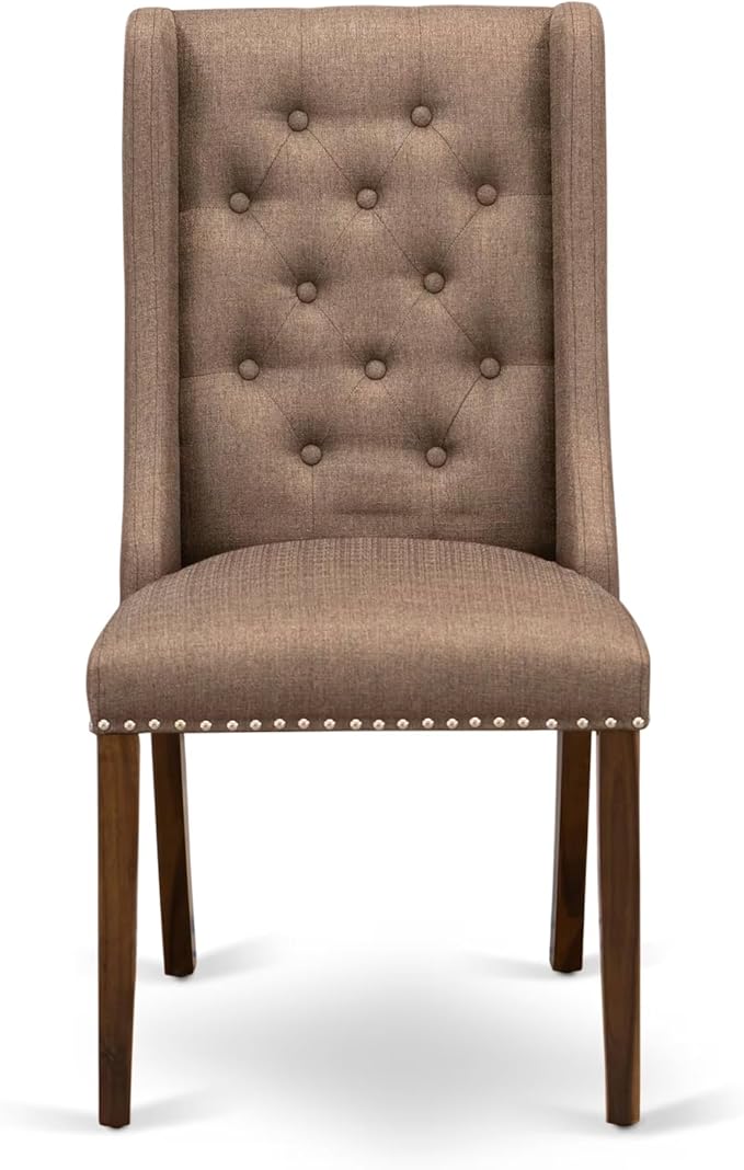 NKFO9-AWA-18-9-Piece Kitchen Set Consists of a Dinner Table and 8 Brown Linen Fabric Kitchen Chairs with Button Tufted Chair Back - Antique Walnut Finish.