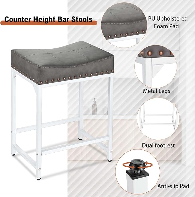 Bar Stools Set of 4, 24" Counter Height Bar Stools Set of 4 with Thick Saddle Cushion and Barstools Metal Frame, Modern Backless Saddle Counter Stools for Kitchen Island Bar Grey+White