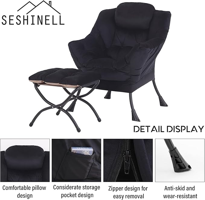 Lazy Chair with Ottoman, Modern Accent Chair Contemporary Lounge Leisure Sofa Chair with Armrests, Reading Chair and Folding Footstool Set for Living Room, Bedroom, Office, Velvet Black