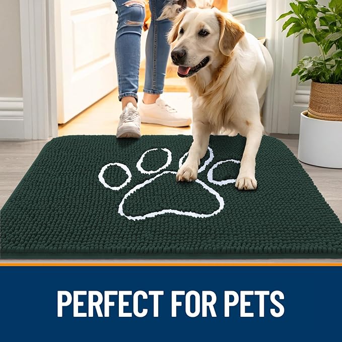 OLANLY Door Mat for Muddy Dog Paws 36x24, Absorbent Chenille Mud Doormat with Paw Print Design, Non-Slip Washable Doormat for Indoor Entryway, Quick-Dry Pet Bed Mats for Dirty Dogs, Blackish Green