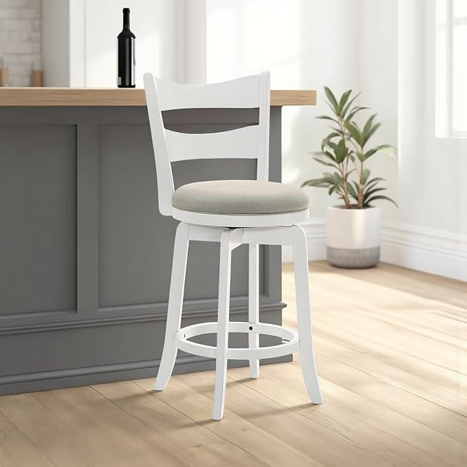 Armen Living Blair 30 in. Matte White Bar Height Rubberwood Swivel Barstool with Fog Fabric Seat